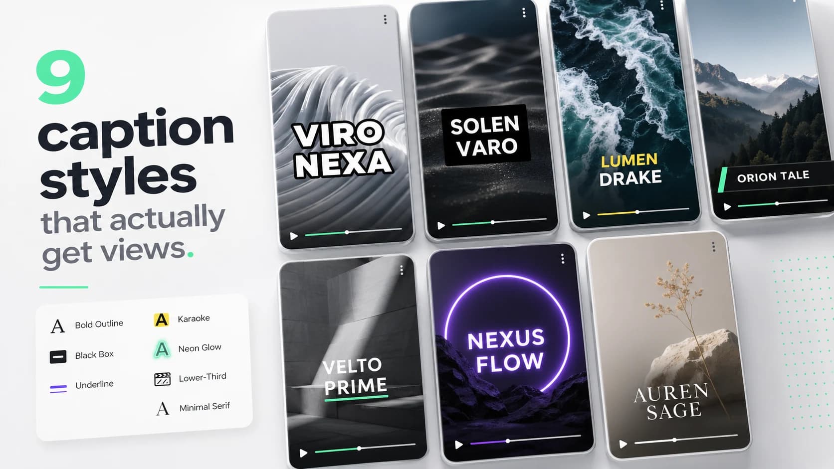 Multiple vertical video previews showing different caption font styles.
