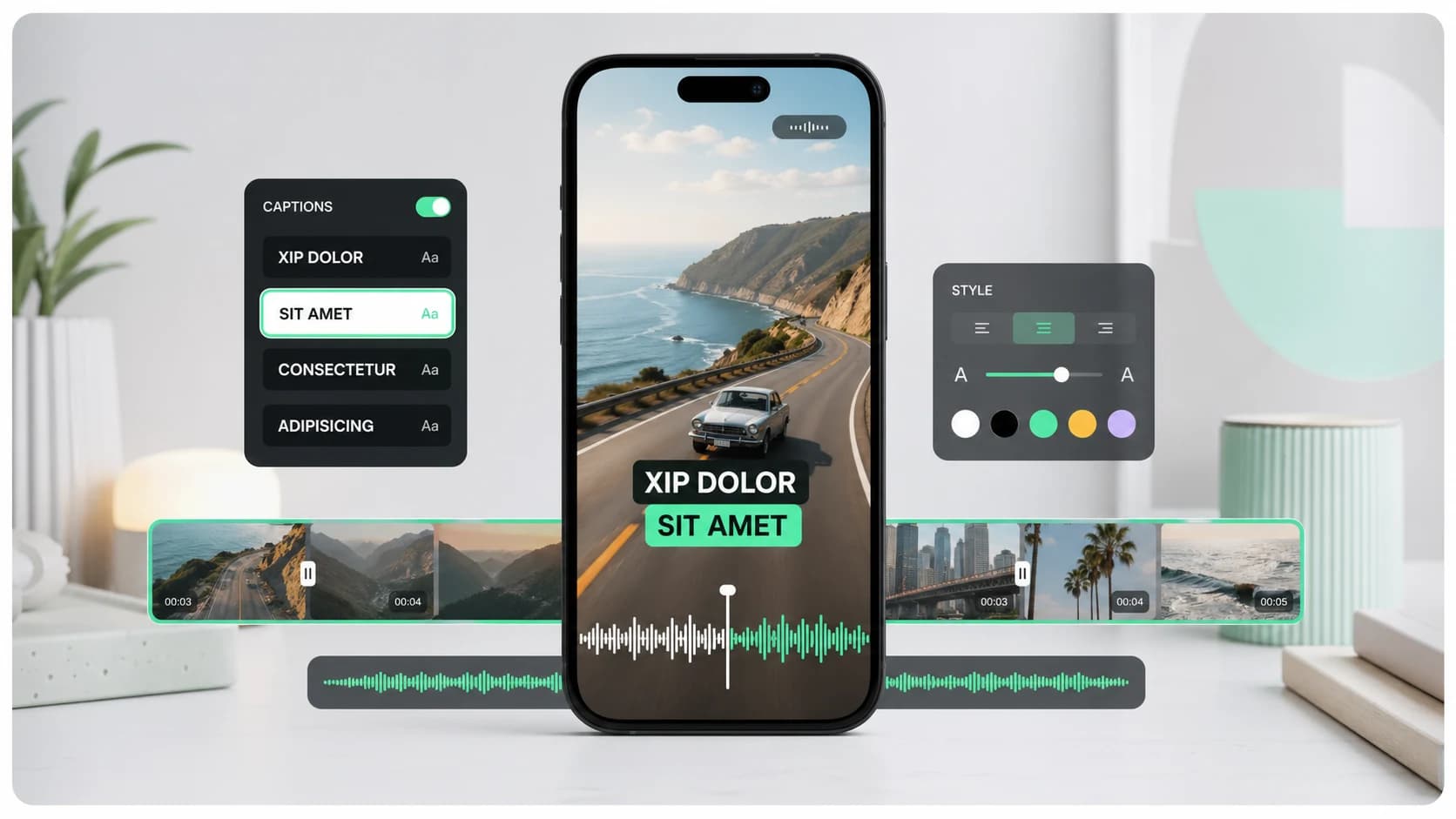 Phone video preview with caption styling controls and an editing timeline.
